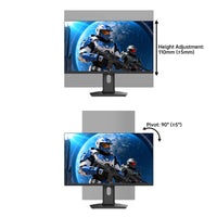 Gaming monitor showing height adjustment 110mm and pivot 90° angle